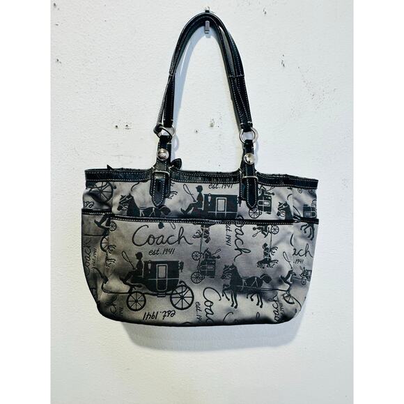 COACH Grey Black Stage Coach Horse Printed Fabric Y2K Leather Tote Handbag - Picture 8 of 15